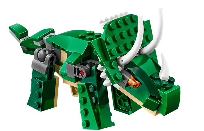 Creator Mighty Dinosaurs model of a green Triceratops with posable joints and detailed horns made from building blocks.