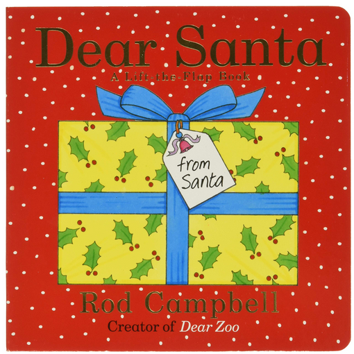 Dear Santa book cover showing a wrapped Christmas gift with blue ribbon on a red polka dot background.