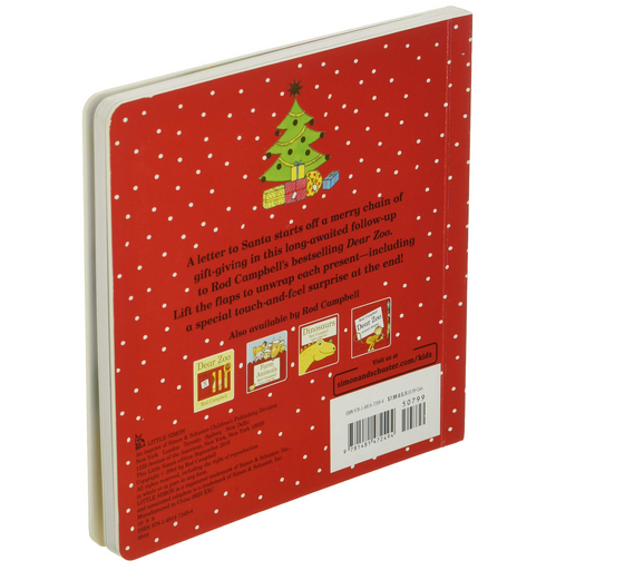 Back cover of Dear Santa children's book with festive design and a Christmas tree on red background with white snow dots.
