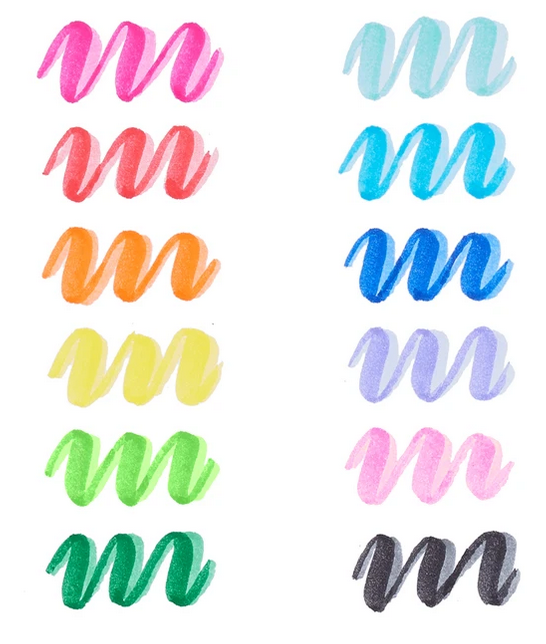 Dual Tone Brush Markers showing 12 double-ended colors with darker and lighter complementary brush strokes.
