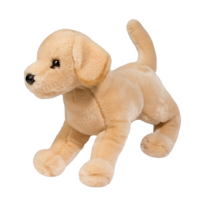 Yellow Lab Mandy plush puppy with creamy yellow fur and lifelike details, perfect cuddly 16-inch Labrador stuffed animal.