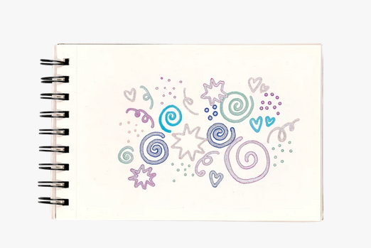 Silver Linings Markers colorful spiral doodles with silver outline on a white sketchbook page drawing.