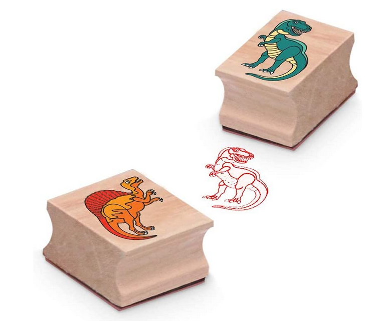 Stamps Dinosaurs Set with wooden dinosaur stamps creating colorful dinosaur impressions for kids' creative play.