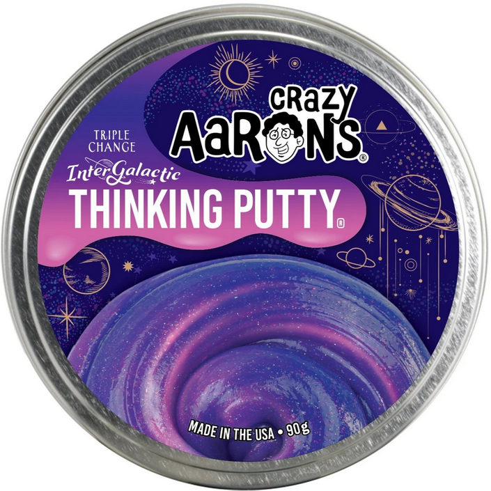 Crazy Aaron's Trendsetters Intergalactic Thinking Putty changing colors from blue to purple to pink in a round tin.