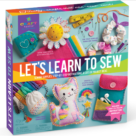 Let's Learn to Sew kit with sewing supplies, step-by-step instructions, colorful felt projects, and tools for kids 7+.