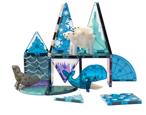 Magnatiles Arctic 25pc set with polar bears, whale, seal, and ice-themed magnetic building shapes for creative play.