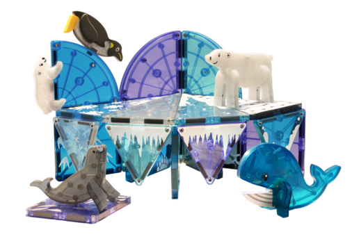 Magnatiles Arctic 25pc set with colorful ice-themed tiles and animal figures including polar bear, seal, penguin, and whale.