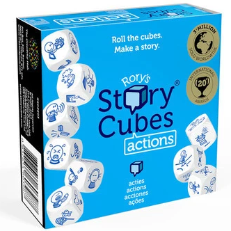 Rory’s Story Cubes Actions game box showing dice with action icons for creative storytelling and imagination.