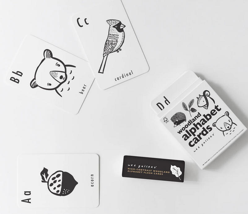 Woodland Alphabet Cards featuring black and white animal illustrations and bold letters for early learning and baby engagement.