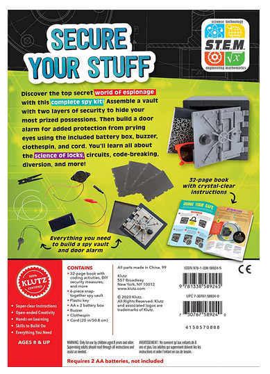 Ultimate Spy Vault & Code Kit showing vault panels, electronic buzzer, key, battery box, and instruction booklet for spy activities.