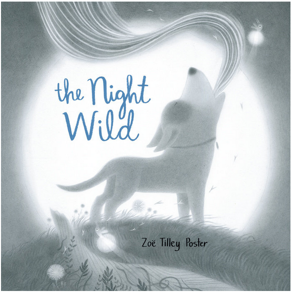 The Night Wild book cover showing a dog howling at the moon with glowing fireflies at night.