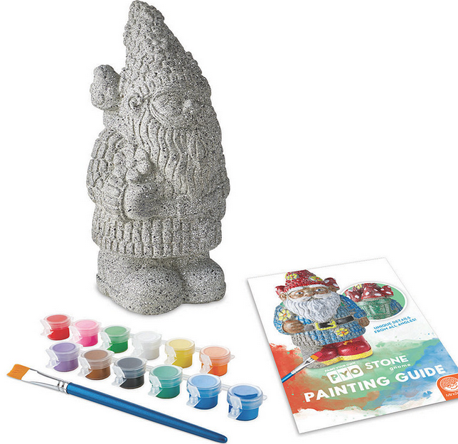 PYO Stone Gnome kit with unpainted stone gnome, paints, brush, and painting guide for creative outdoor décor.