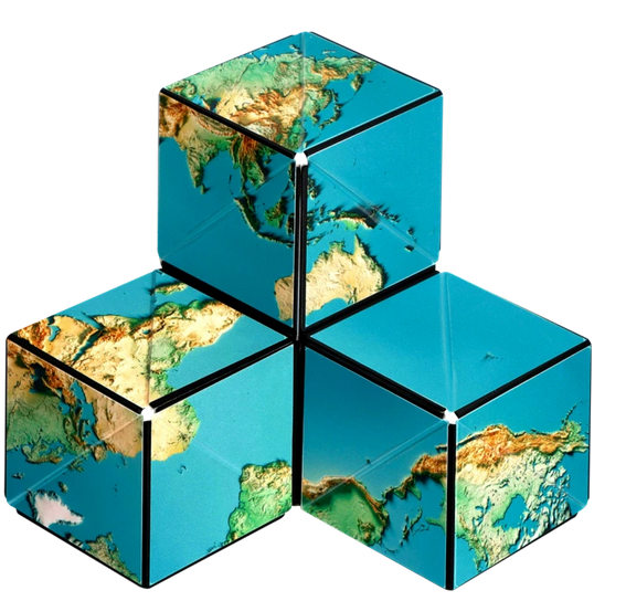 Shashibo | Earth magnetic puzzle cubes showing detailed world map design with vibrant blue and green colors