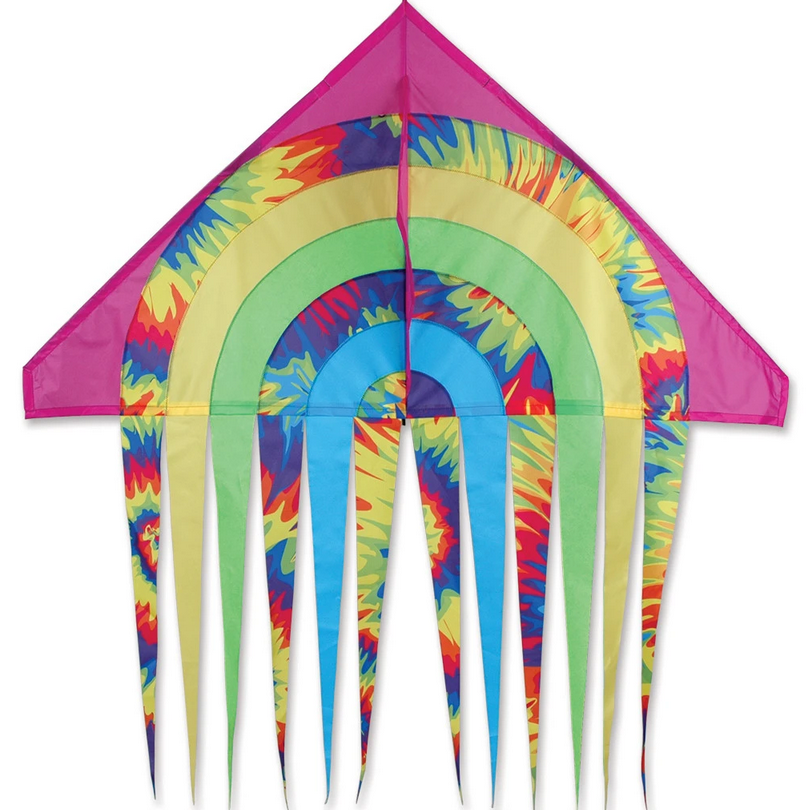 56" Stream Delta Kite | Tie Dye with vibrant rainbow tie-dye design and long colorful streamer tails for stable flight.