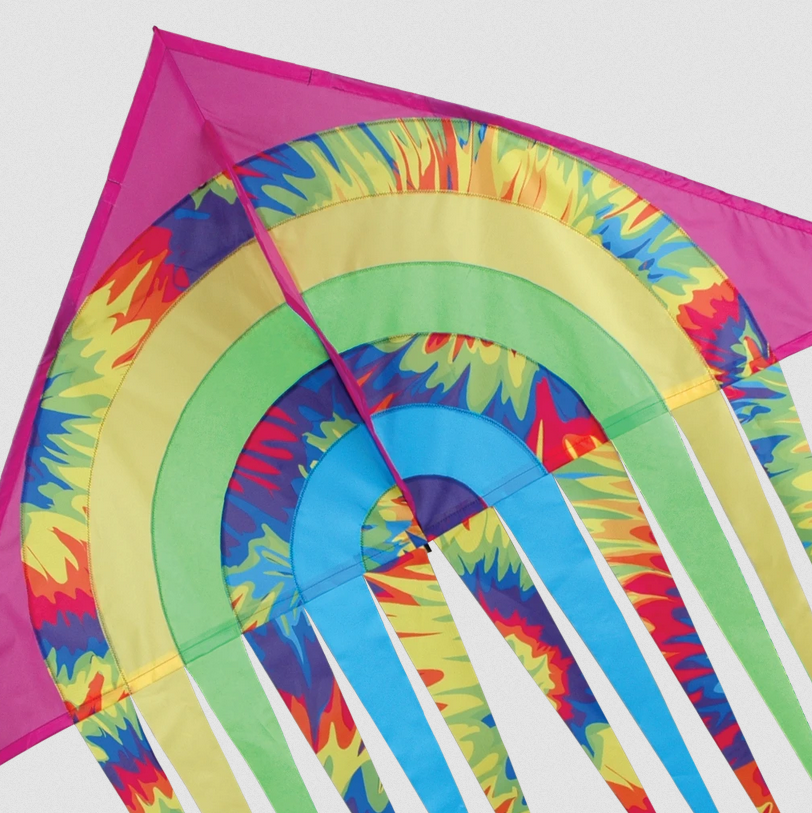 56" Stream Delta Kite | Tie Dye with vibrant rainbow tie-dye patterns and long colorful streamers.