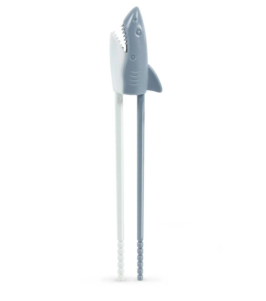 Munchtime Chopsticks Shark with biting action, two-tone shark design, fun and easy-to-use hinged chopsticks for kids.