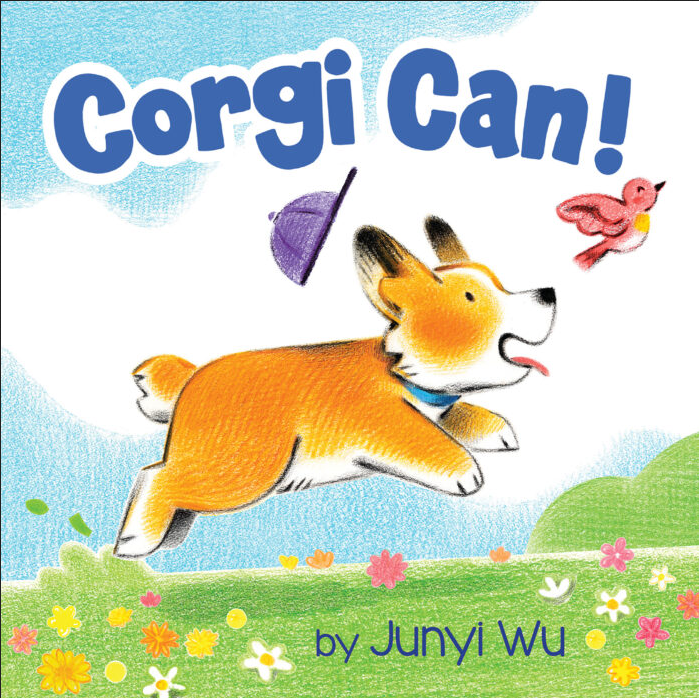 Corgi Can! board book cover shows a playful corgi jumping in a colorful field with a bird and a flying hat.