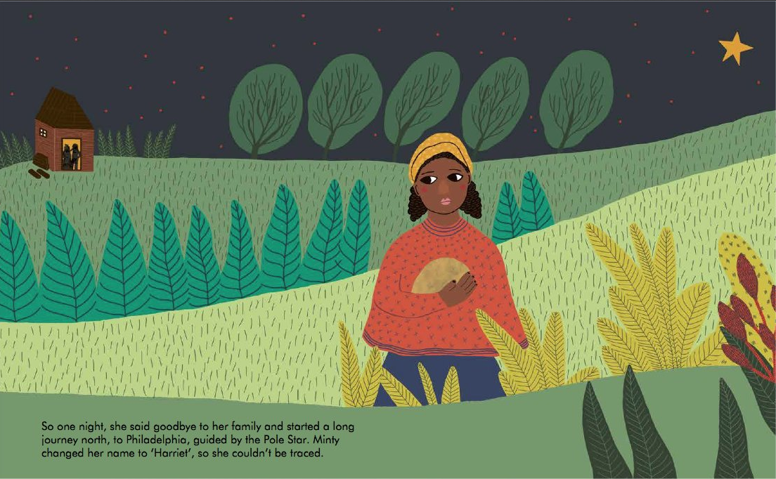Illustration from Little People, Big Dreams: Harriet Tubman showing Harriet on her journey to freedom at night.