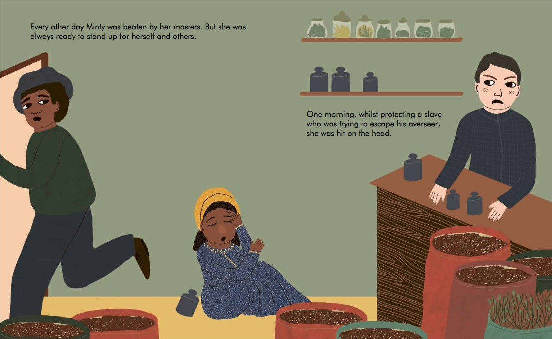 Little People, Big Dreams: Harriet Tubman book illustration showing Harriet standing up for slaves against overseers.