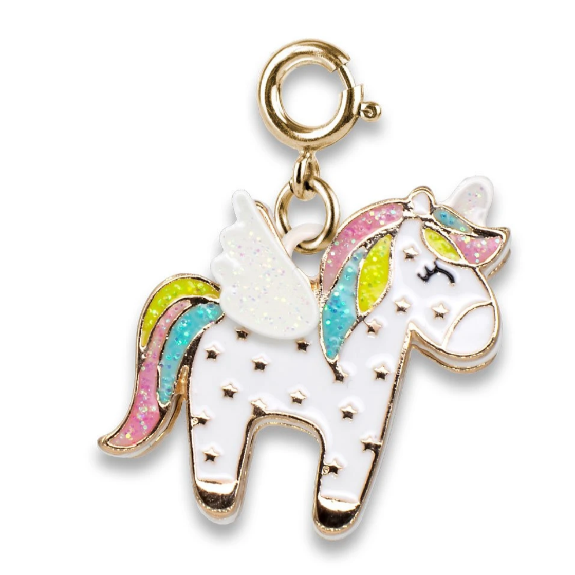 Gold Flying Unicorn Charm with glittery white enamel, pastel rainbow mane, and gold-tone base metal details.