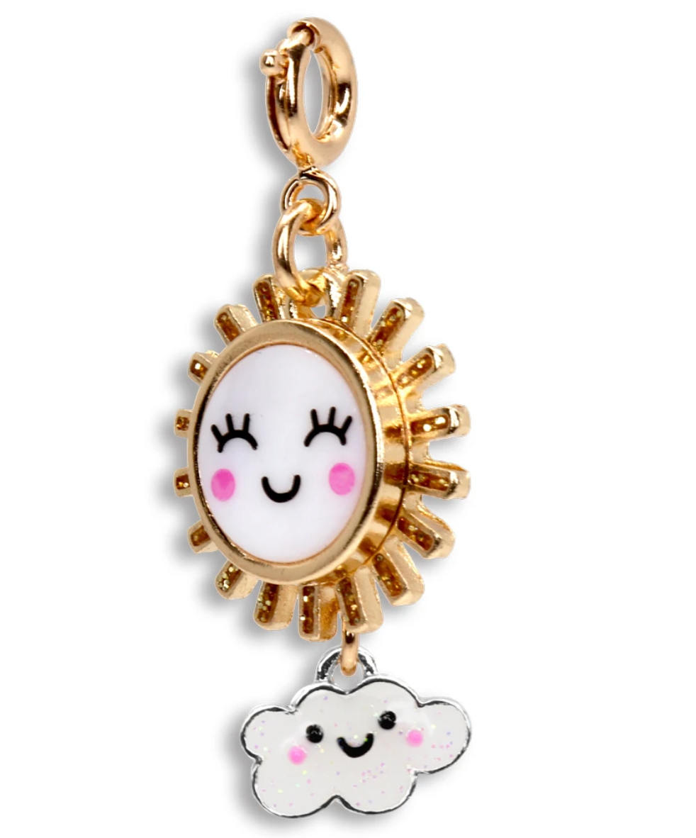 Gold Sunshine Charm featuring a smiling sun with enamel face and dangling happy cloud on gold base metal.