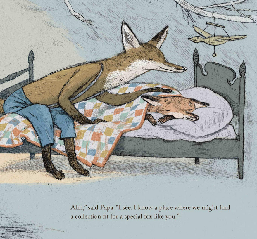 Illustration from Lawrence in the Fall showing a father fox tucking a young fox into bed with a colorful quilt