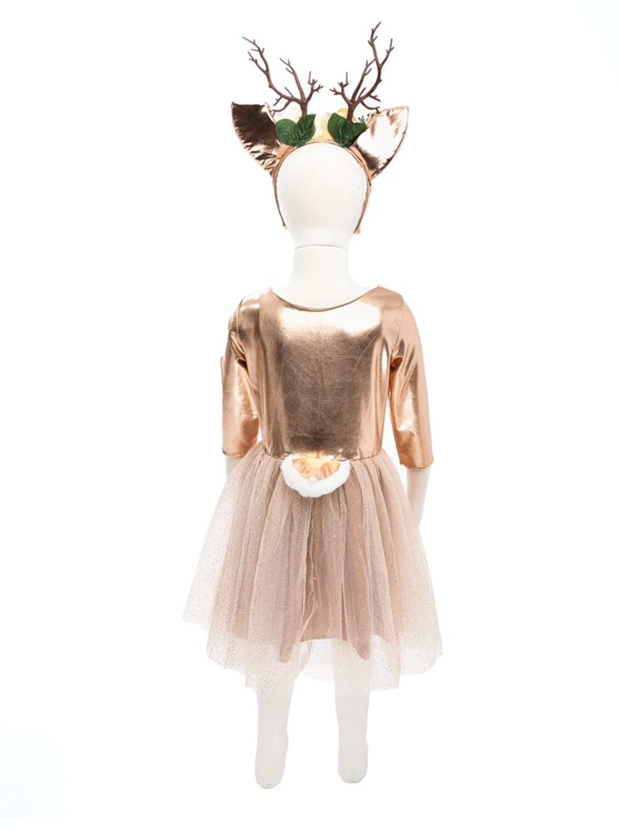 Woodland Deer Dress & Headband | Size 5-6 shown from back with gold dress, tulle skirt, tail, and antler headband.