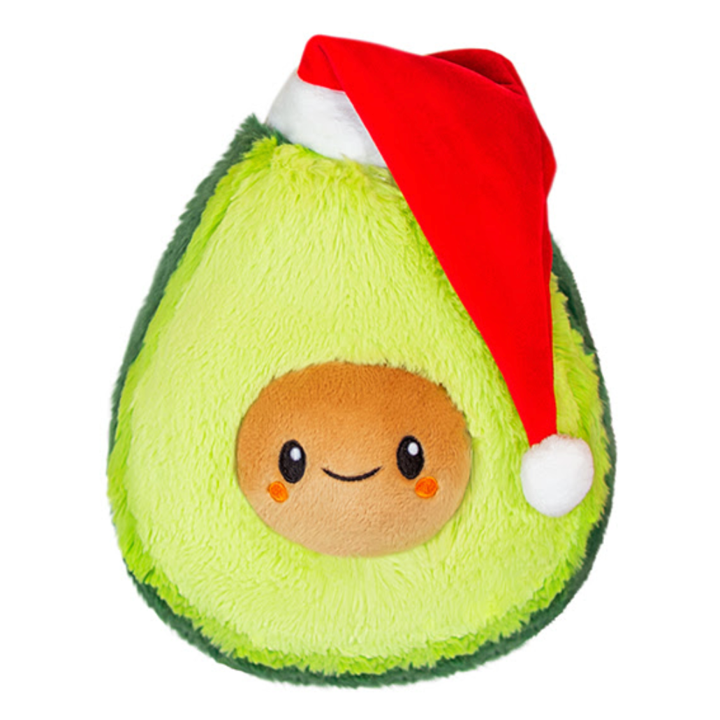 Santa Avocado Snackers plush toy wearing a red Santa hat, soft and weighted, perfect holiday gift.