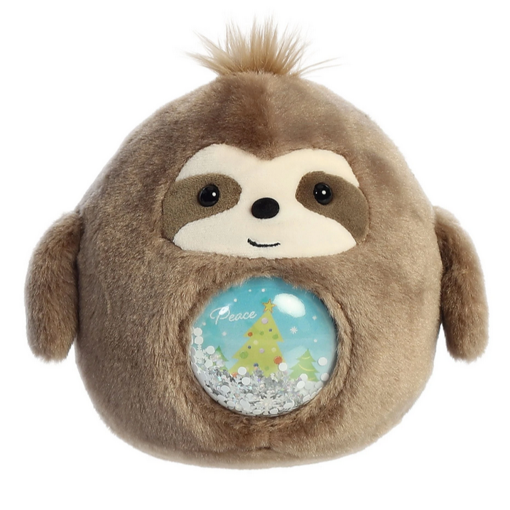 Snowglobe Belly Sloth plush with soft fur and interactive belly snowglobe showing a festive winter scene.