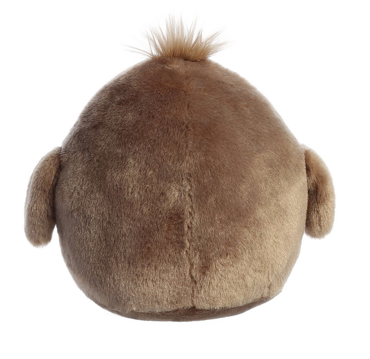 Snowglobe Belly Sloth plush showing the soft, fluffy back with small arms and tuft of hair on top.