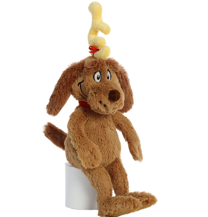 Grinch's Dog Max plush toy with soft brown fur and yellow antler, sitting with a friendly expression.