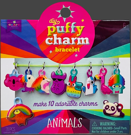 Puffy Charm Bracelet with 10 colorful animal puffy charms on elastic string, DIY fun for kids ages 6 and up.
