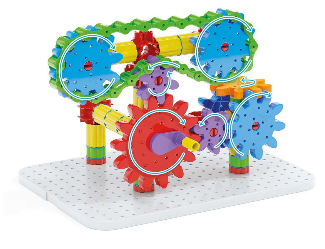 Georello Tech Gears colorful interlocking gears and chains creating a moving mechanical structure on a base.