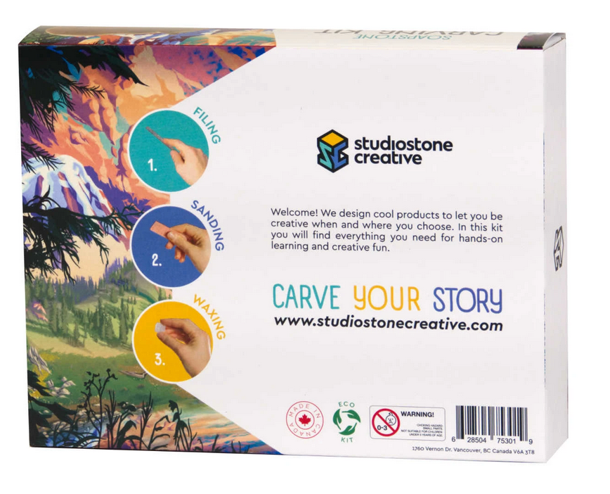 Soapstone Carving Kit | Wolf with filing, sanding, and waxing tools for creative hands-on carving fun.