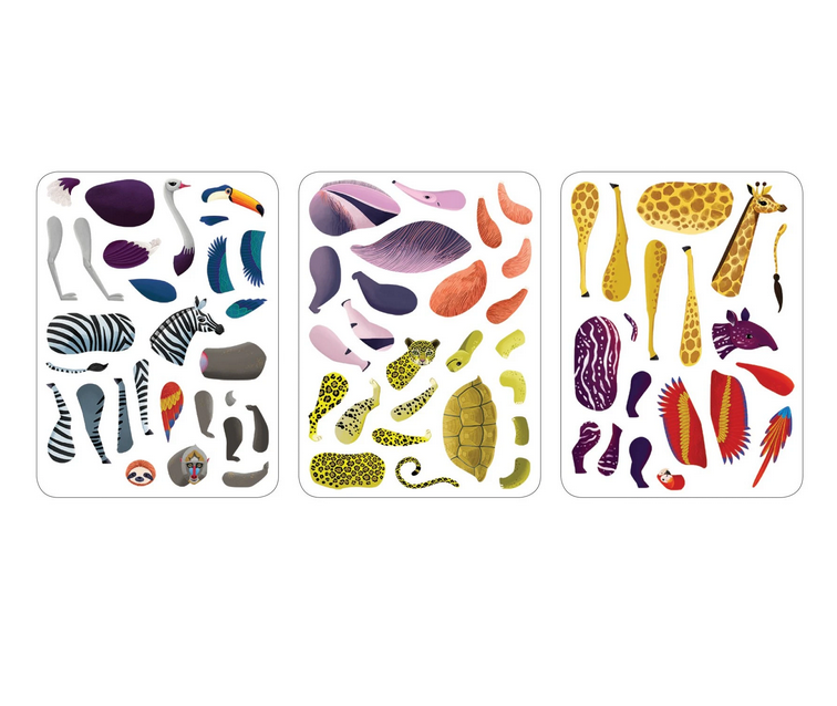 Wild Mix Up Magnetic Tin with sheets of colorful mix and match animal magnets including zebra, leopard, and giraffe parts.