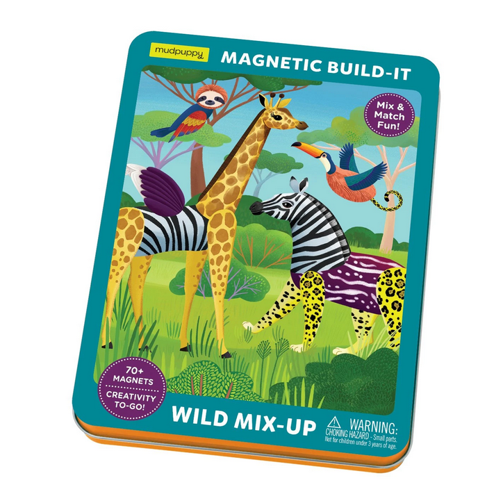 Wild Mix Up Magnetic Tin with mix and match animal magnets and illustrated scenes for creative kids' play and travel.