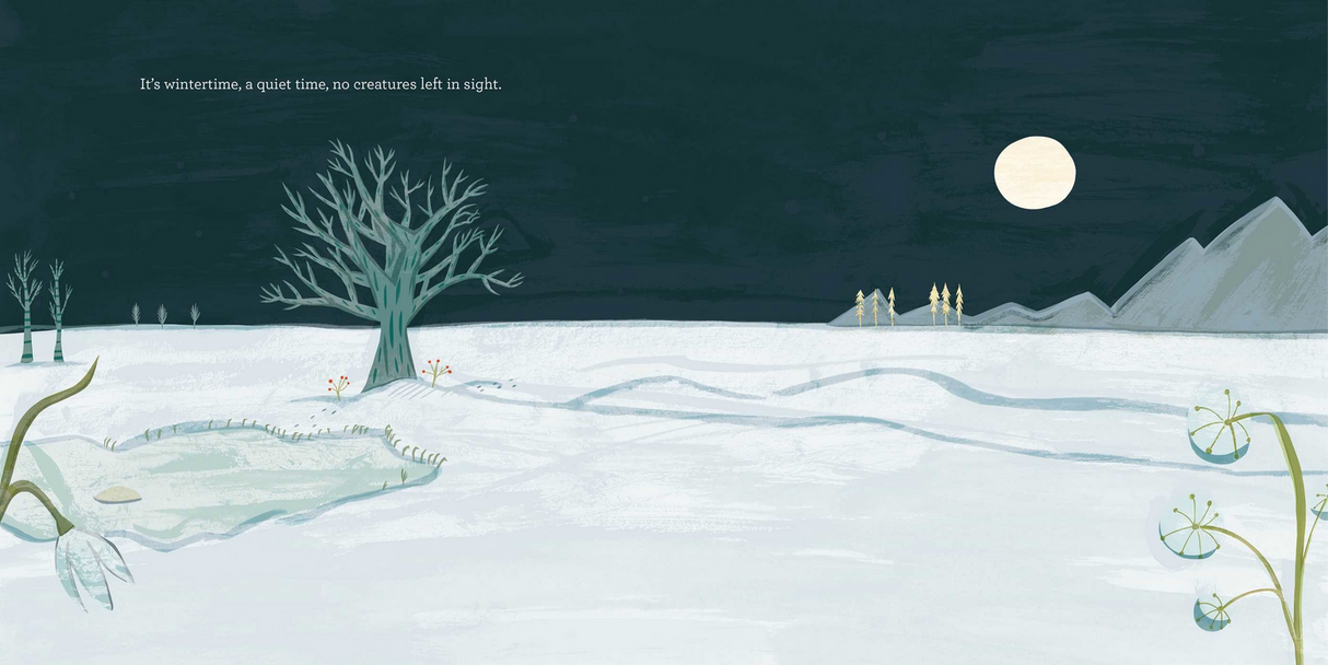 Snuggle Down Deep product showing a snowy winter night with bare trees under a full moon, creating a quiet, peaceful scene.