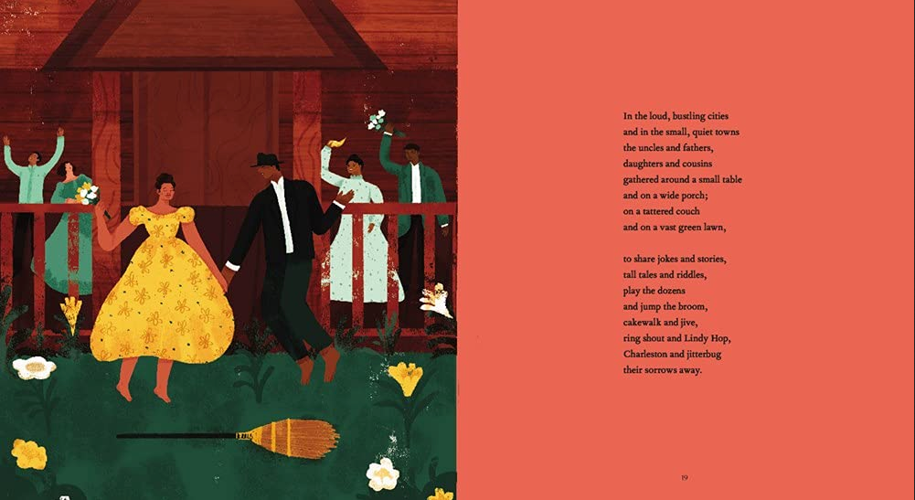 The People Remember book illustration showing joyful Black families dancing and celebrating on a porch at dusk.