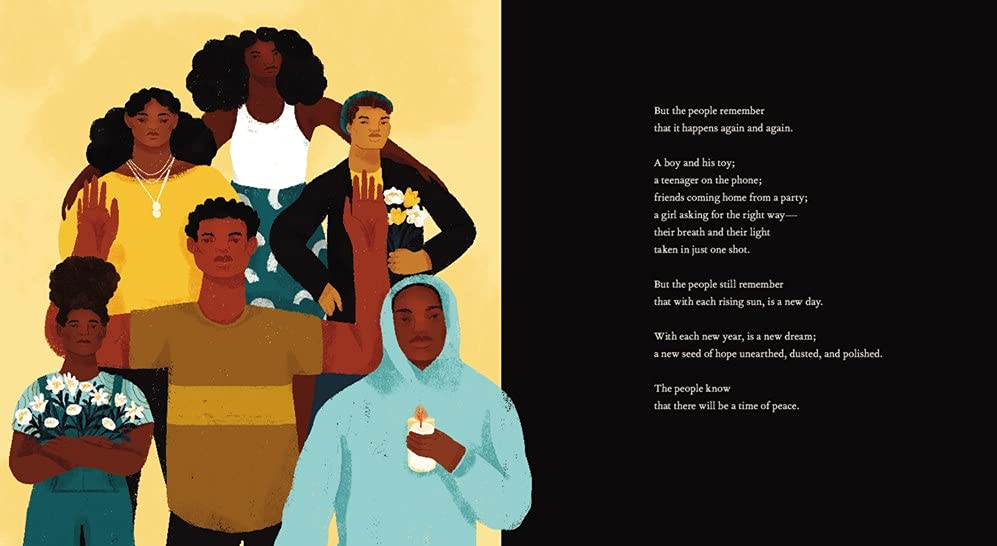 The People Remember book illustration showing diverse African American figures and a heartfelt poem about hope and remembrance.