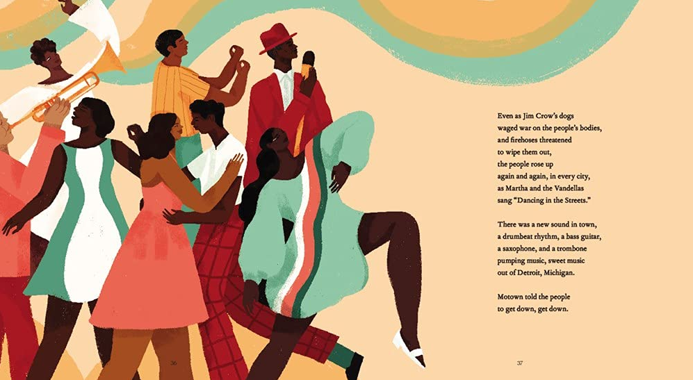 Illustration from The People Remember showing diverse people dancing and celebrating African American culture.