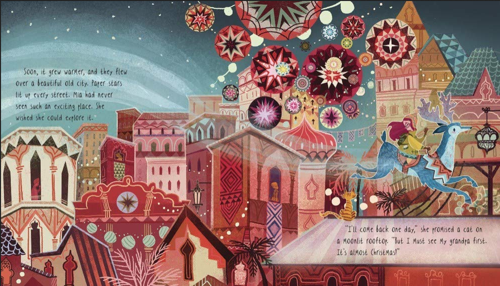 Illustration from Last Stop on the Reindeer Express showing colorful buildings, stars, and a girl riding a reindeer through the sky.
