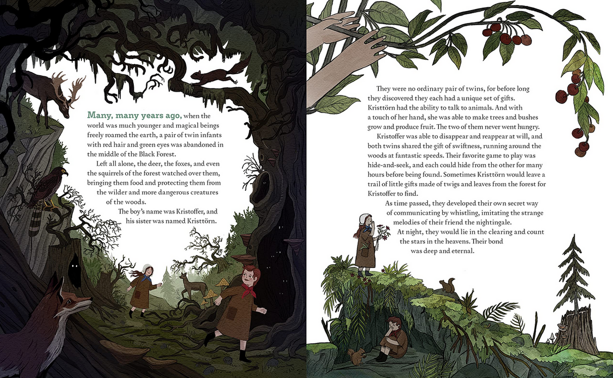 Legend of the Christmas Witch book illustration showing Kristtōrn and animals in a magical forest scene.