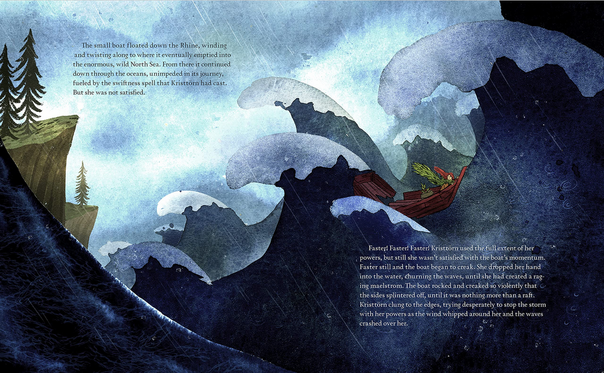 Illustration from Legend of the Christmas Witch showing Kristtōrn navigating stormy seas on a magical journey.