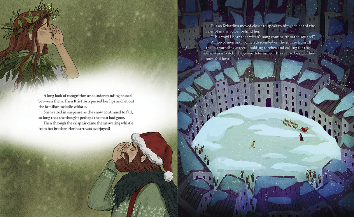 Legend of the Christmas Witch book spread showing Kristtōrn and her brother communicating with whistles in winter setting.