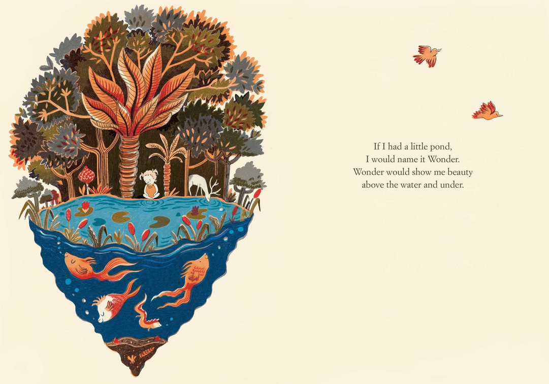 Illustration of a floating pond with fish, trees, and birds from the picture book If I Had a Little Dream by Nina Laden.