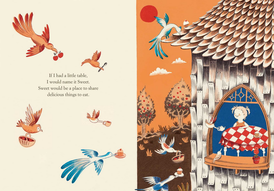 If I Had a Little Dream picture book illustration with birds carrying food to a girl at a window of a cozy house.