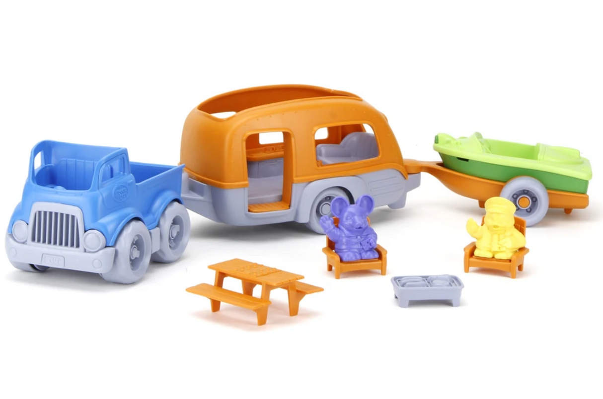 RV Camper Set featuring a blue pick-up truck, orange camper, green sport boat, and camping accessories for kids.