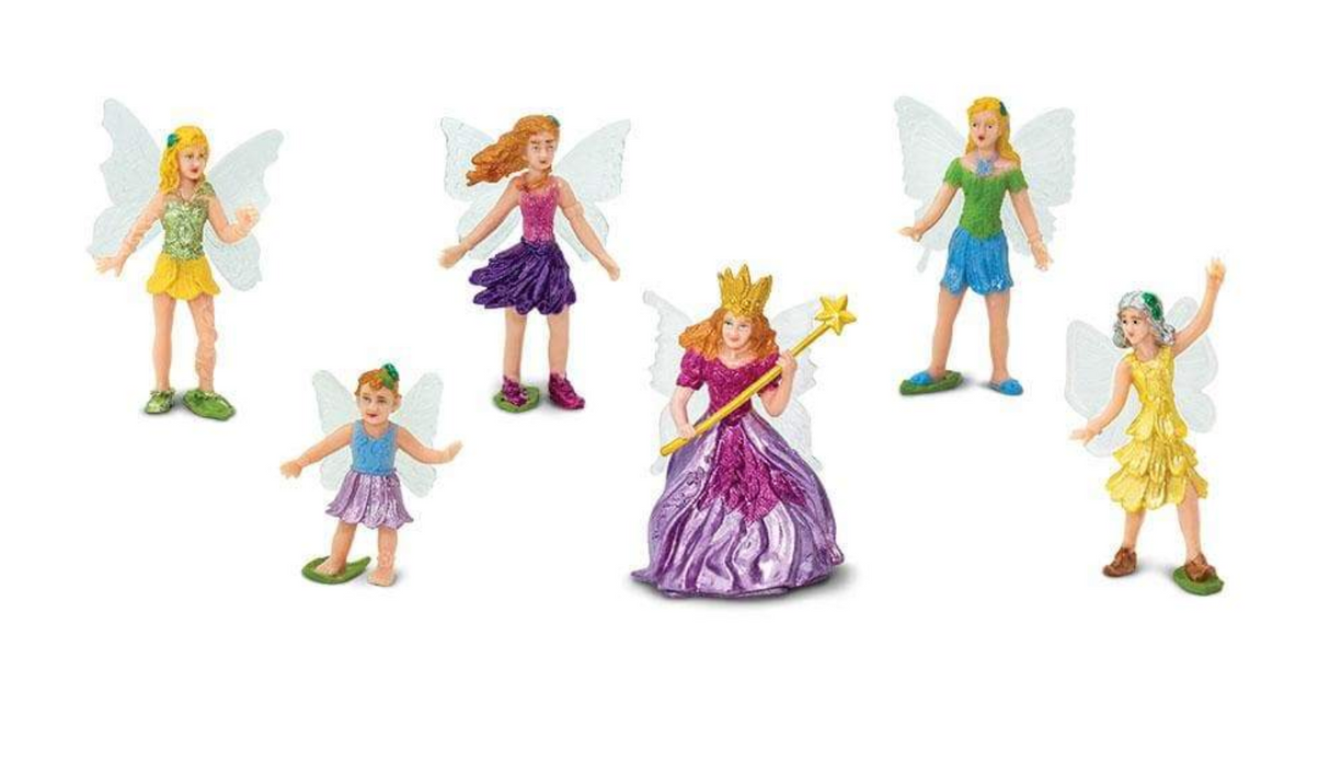 Six miniature fairy figurines with shimmering wings in vibrant colors from TOOB | Fairy Fantasies set.