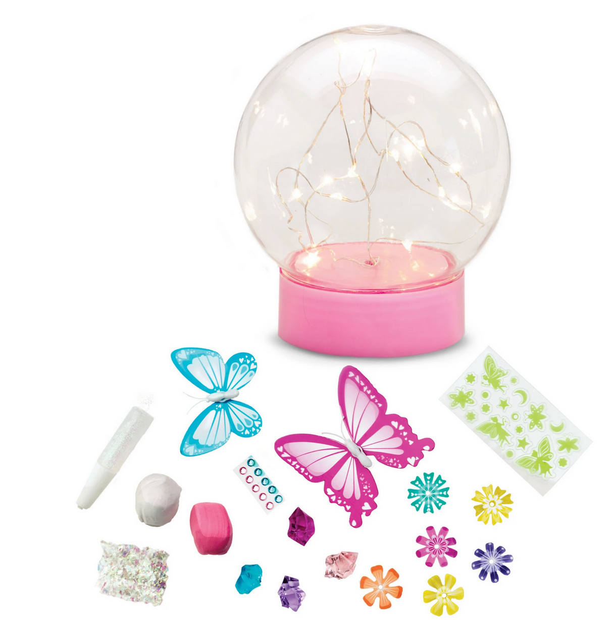Butterfly Fairy Lights kit with LED globe, translucent butterflies, flowers, clay, crystals, glitter, and glow stickers.