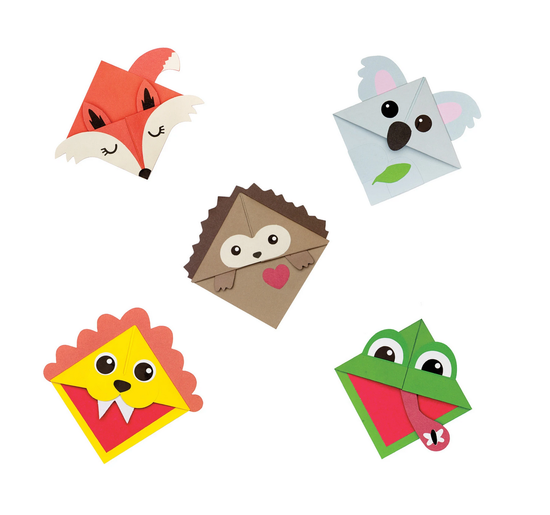 Corner Creature Bookmarks showing five colorful origami animal designs for kids' creativity and fun reading accessories.